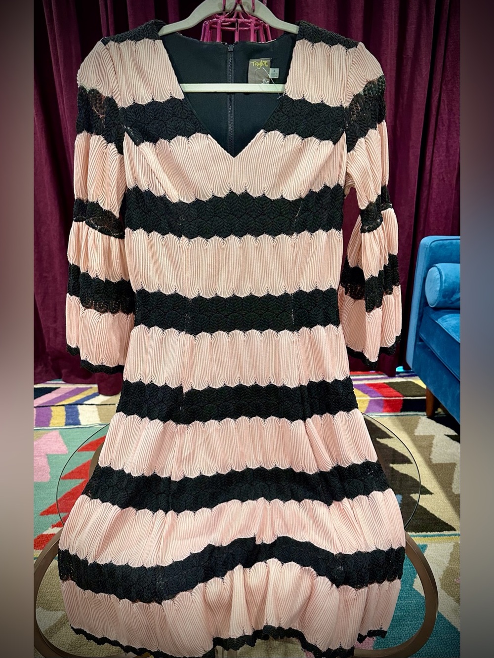 Taylor Apricot and Black Striped Pleated V-Neck Midi Dress